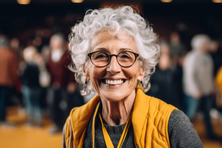smiling senior woman in eyeglasses looking at camera in hallの素材