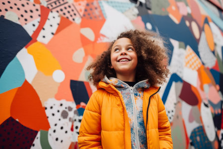 Portrait of a smiling little girl in a yellow jacket against the background of a graffiti wallの素材