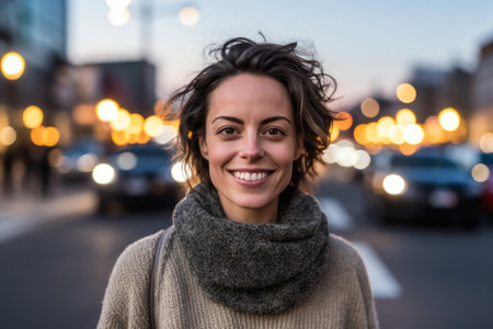 Portrait of a beautiful young woman smiling in the city at nightの素材