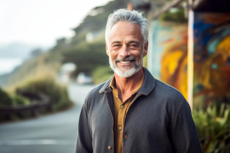 Portrait of senior man smiling at camera while standing on the roadの素材