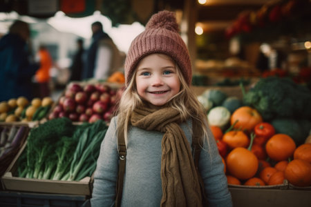 Smiling little girl at the market. Autumn, fall concept.の素材