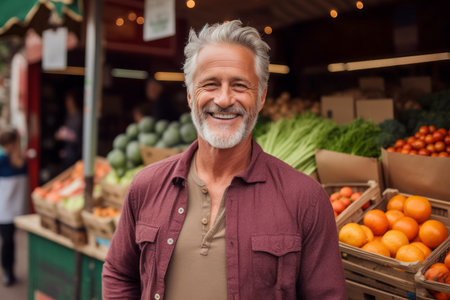 Portrait of smiling senior man standing in fruit and vegetable section of supermarketの素材