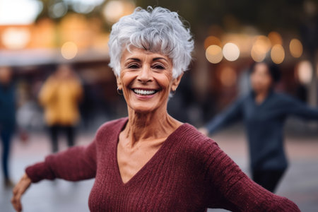 Portrait of a happy senior woman dancing in the street at nightの素材