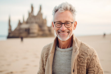 Cheerful senior man in eyeglasses looking at camera on beachの素材