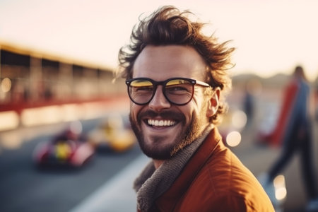 Portrait of a handsome smiling young man in sunglasses standing on the streetの素材