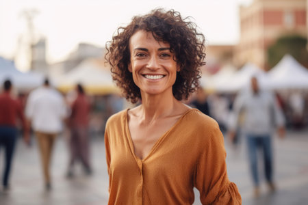 Portrait of smiling woman with curly hair looking at camera while standing outdoorsの素材