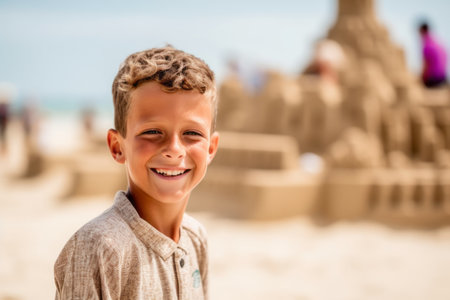 Portrait of a smiling boy with sand castles in the background.の素材
