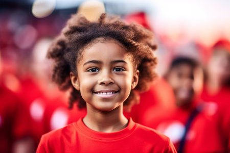 happy african american sportswoman in red jersey at stadiumの素材