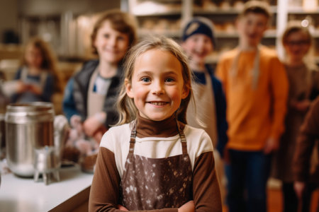 Portrait of a smiling little girl in apron standing with her arms crossed in front of her friends in a bakeryの素材