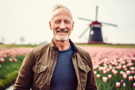 smiling senior man standing in tulip field with windmill in backgroundの素材