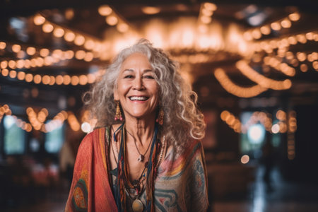 Portrait of a beautiful senior woman with long wavy hair, wearing a colorful shawl, smiling and looking at the camera.の素材