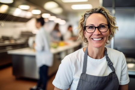 Portrait of smiling female chef looking at camera in kitchen at restaurantの素材