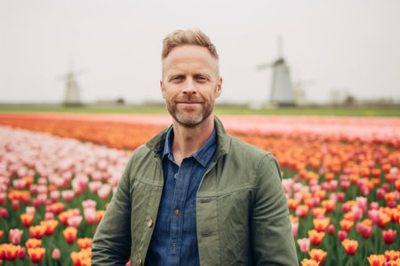 Handsome man standing in tulip field with windmill in the backgroundの素材