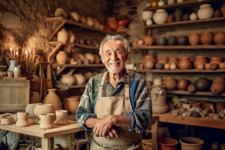 Portrait of a smiling senior potter standing in his workshop.の素材