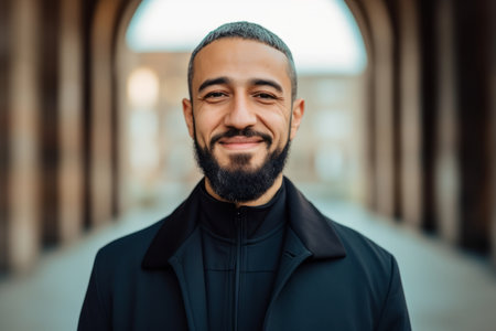 Portrait of a handsome young man with a beard in a black coatの素材