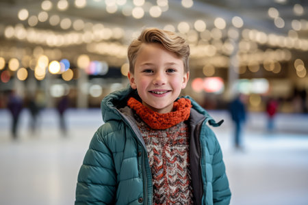 Portrait of a smiling little boy on skating rink at Christmas timeの素材