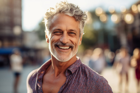 Portrait of smiling senior man with gray hair in the city.の素材