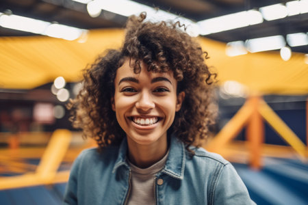 Portrait of beautiful young african american woman smiling and looking at camera in amusement parkの素材