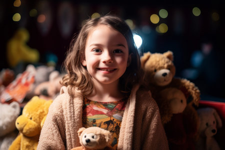 Little girl with teddy bears on the background of the night cityの素材