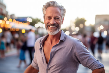 Portrait of a handsome mature man standing in the street and smilingの素材