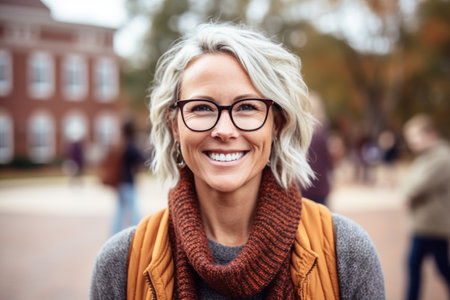 Portrait of a beautiful middle-aged woman wearing glasses and a scarf on the streetの素材