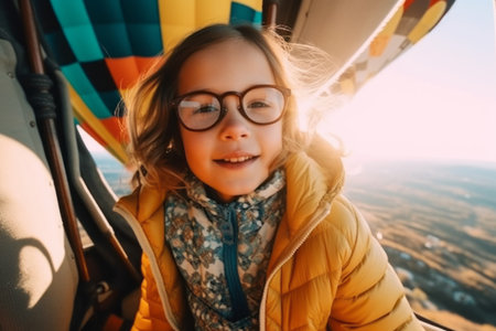 Little girl in glasses on the background of a hot air balloon.の素材