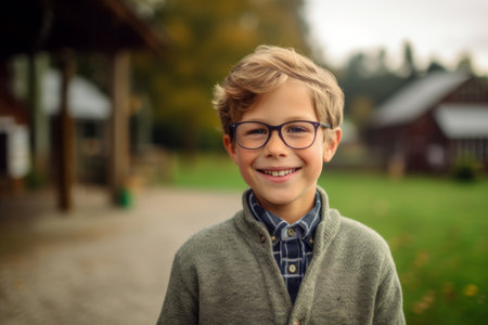 Portrait of a smiling boy with eyeglasses in the countrysideの素材