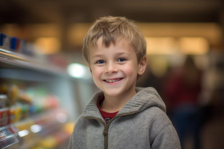 Portrait of a smiling boy standing in supermarket, looking at cameraの素材