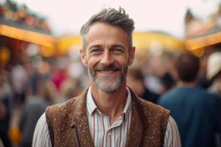Handsome middle-aged man with gray hair and beard smiling at camera while standing in amusement parkの素材