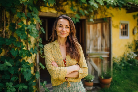 Beautiful young woman in a yellow blouse and green skirt standing near the old house.の素材