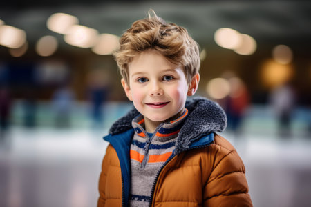 Portrait of a smiling little boy in winter clothes on a skating rinkの素材