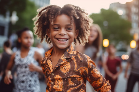 Portrait of a little African American girl with her friends in the backgroundの素材