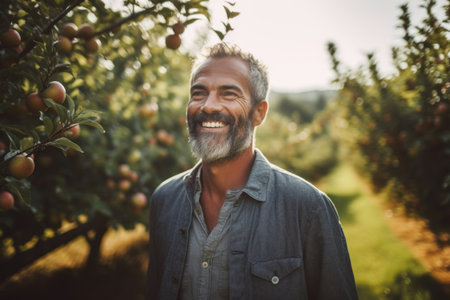 Portrait of smiling mature man standing in apple orchard on a sunny dayの素材