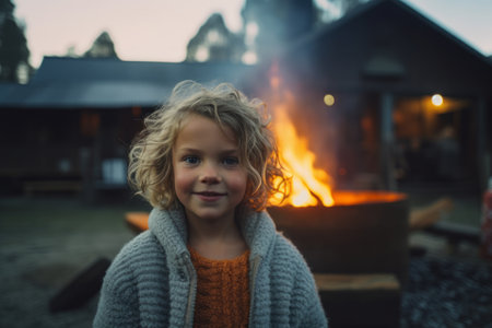 Little girl in front of a bonfire at sunset in winter.の素材