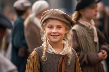 Portrait of a little girl in a beret on the streetの素材