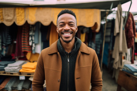 Portrait of happy african american man in coat looking at camera and smiling while standing in marketの素材