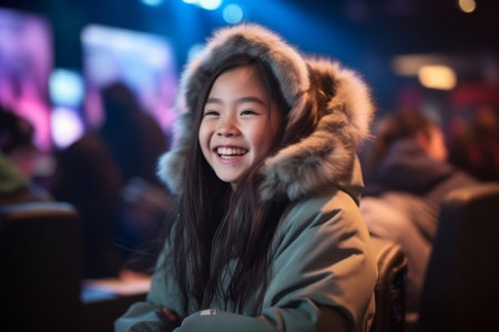 Portrait of a cute asian girl in winter clothes at night clubの素材