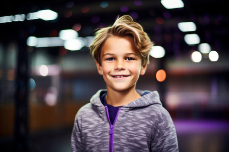 Portrait of a cute little boy in sportswear smiling at cameraの素材