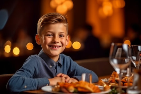 happy little boy at christmas or thanksgiving dinner party in restaurantの素材