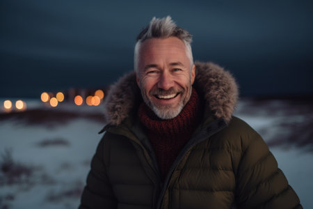 Portrait of a happy senior man standing outdoors in winter at nightの素材