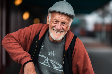 Portrait of happy senior man in cap smiling at camera in streetの素材