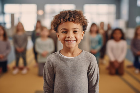 Portrait of smiling african american boy standing in classroom during lessonの素材