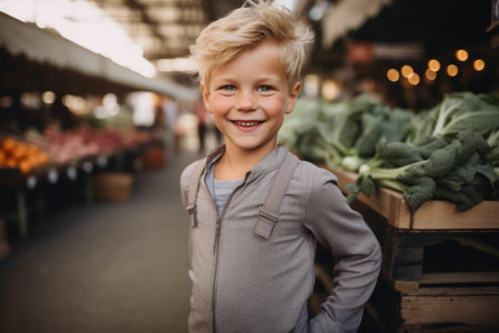 Portrait of smiling little boy looking at camera while standing in marketの素材