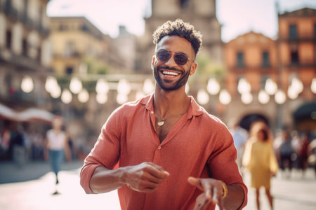 Portrait of a smiling african american man in sunglasses on a city street.の素材