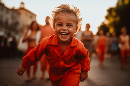 Little boy in orange shirt running on the street with his friends.の素材