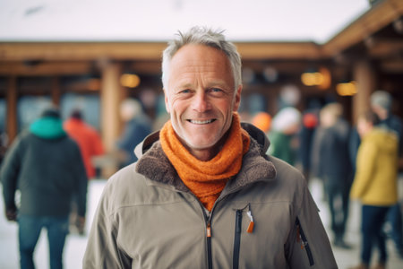 Portrait of a senior man smiling at the camera on a winter dayの素材