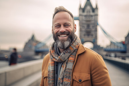 Handsome bearded man traveling in London, wearing coat and scarfの素材