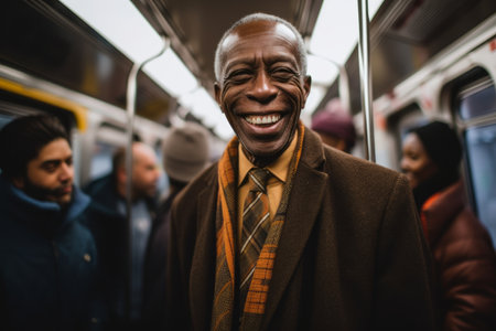 Portrait of happy senior man in subway train. Cheerful african american man smiling and looking at camera.の素材