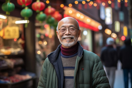 Portrait of an asian senior man in the street at nightの素材
