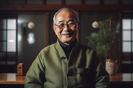 Senior Japanese man in a green jacket and glasses smiling at the cameraの素材